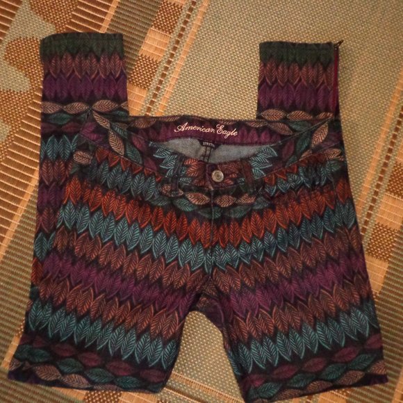 American Eagle Outfitters Stretch Jeggings 4 Leaf/Feather Multicolored Zip Leg - Picture 14 of 16